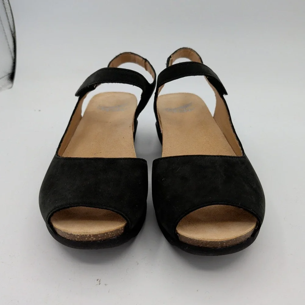 Dansko Marcy Womens 37 Black Leather Peep Toe Wedge Sandals Hook Loop Strap